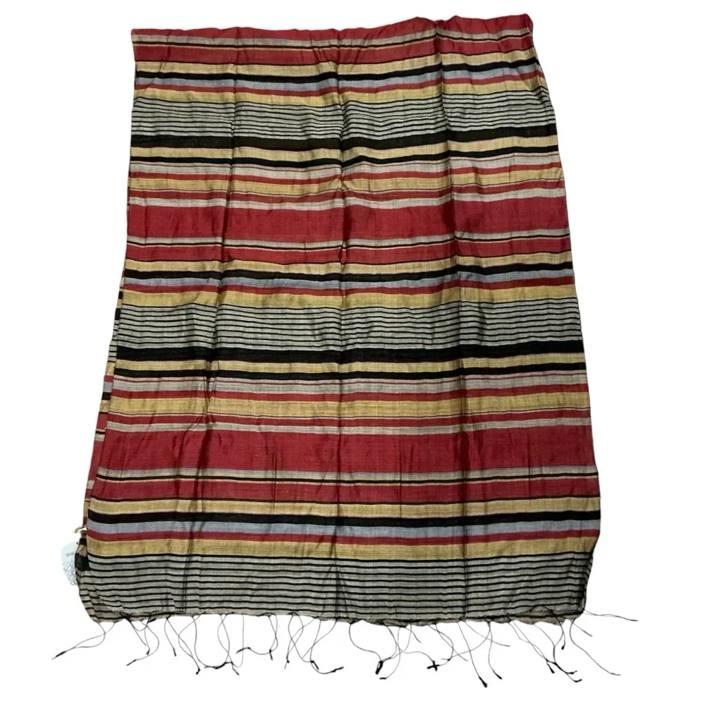 World market large boho scarf wrap multicolored striped silk blends w fringes
